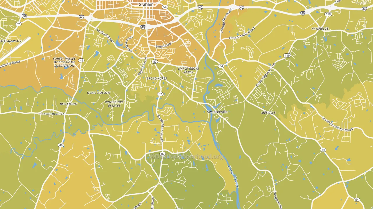 Map of the best neighborhoods in the 27253 area, with better matches in green and worse matches in red