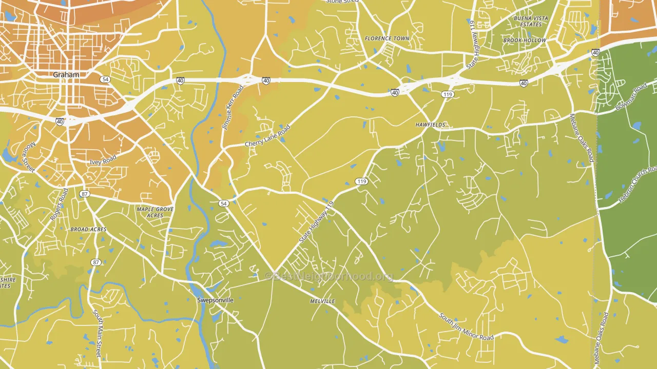 Map of the best neighborhoods in the 27258 area, with better matches in green and worse matches in red