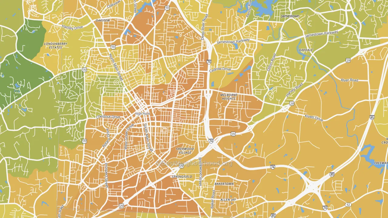 Map of the best neighborhoods in the 27260 area, with better matches in green and worse matches in red