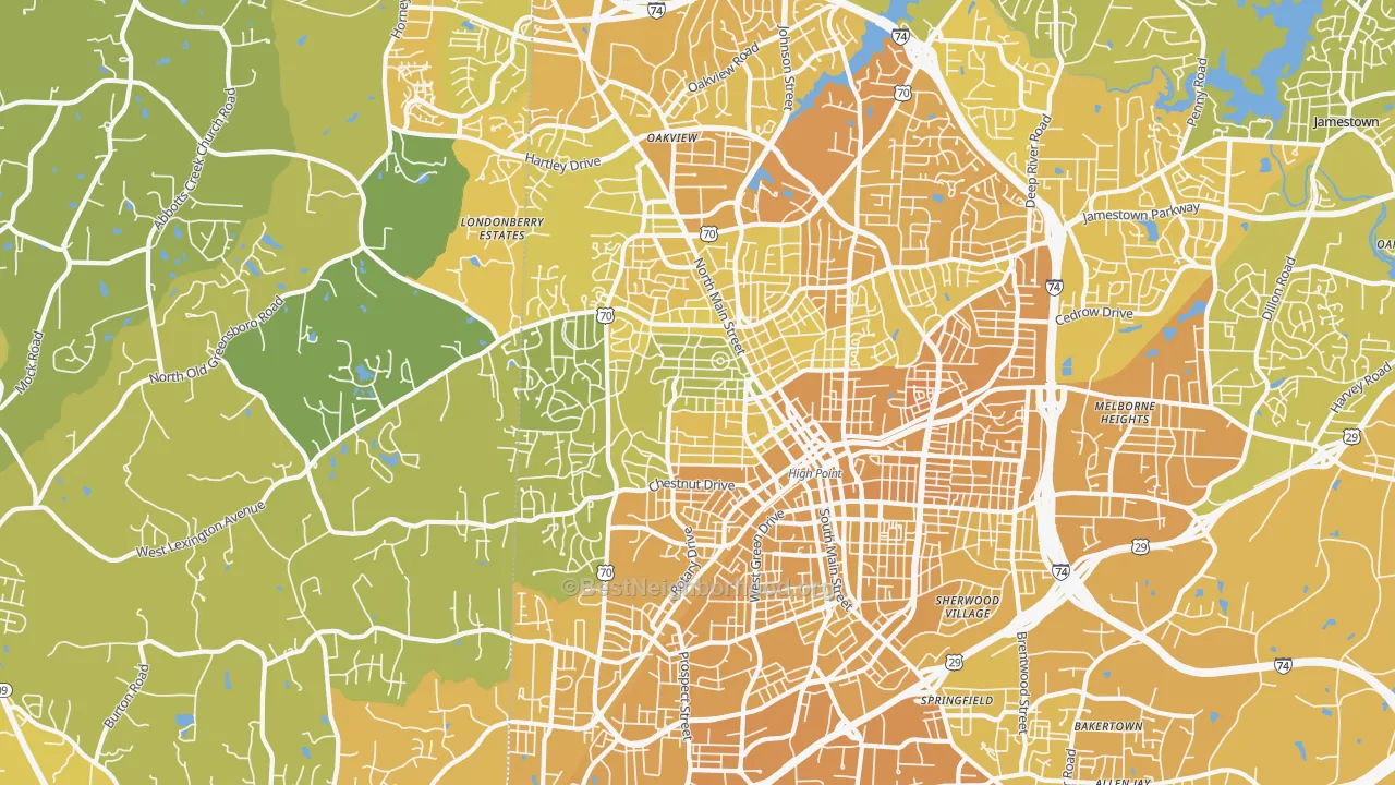 Map of the best neighborhoods in the 27262 area, with better matches in green and worse matches in red