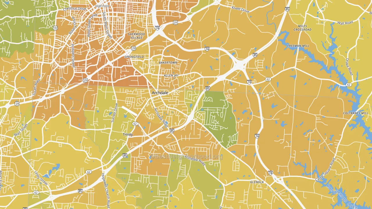 Map of the best neighborhoods in the 27263 area, with better matches in green and worse matches in red