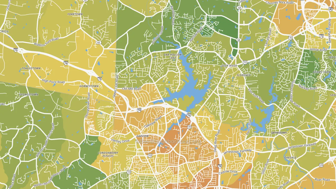 Map of the best neighborhoods in the 27265 area, with better matches in green and worse matches in red