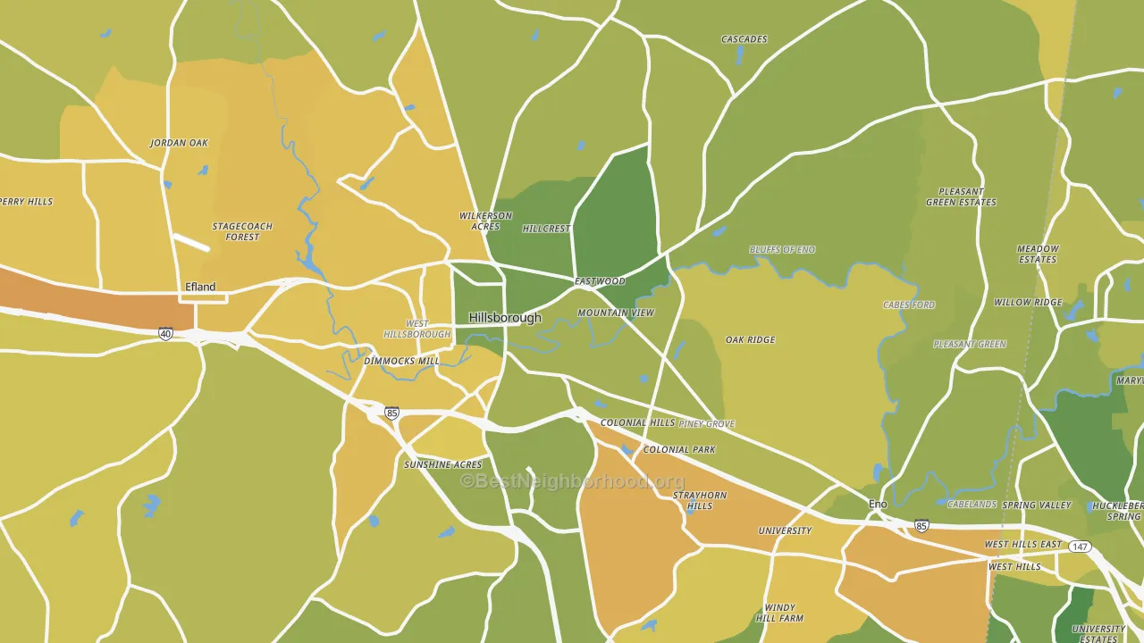 Map of the best neighborhoods in the 27278 area, with better matches in green and worse matches in red