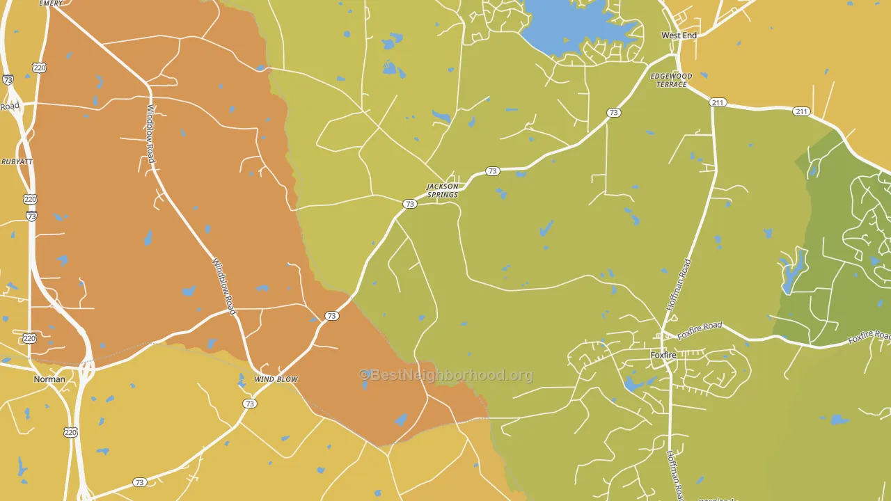 Map of the best neighborhoods in the 27281 area, with better matches in green and worse matches in red