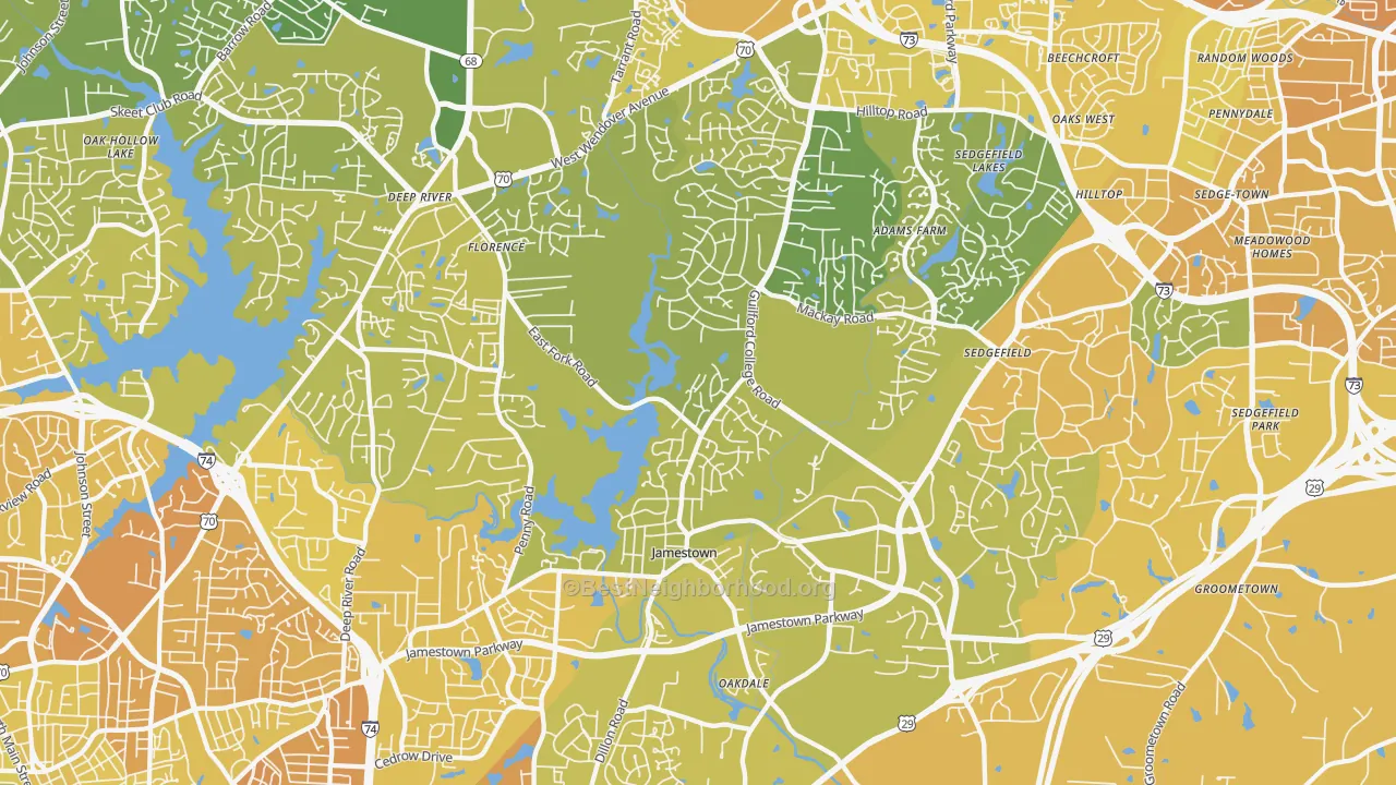 Map of the best neighborhoods in the 27282 area, with better matches in green and worse matches in red