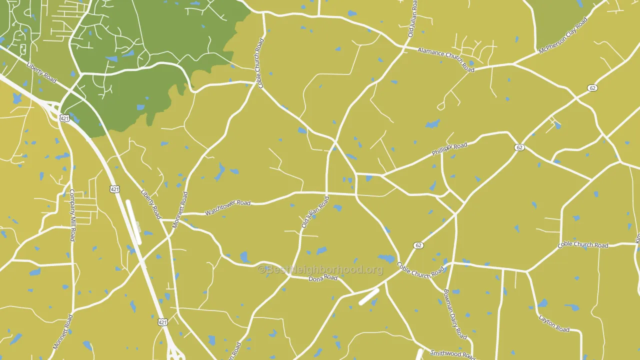 Map of the best neighborhoods in the 27283 area, with better matches in green and worse matches in red