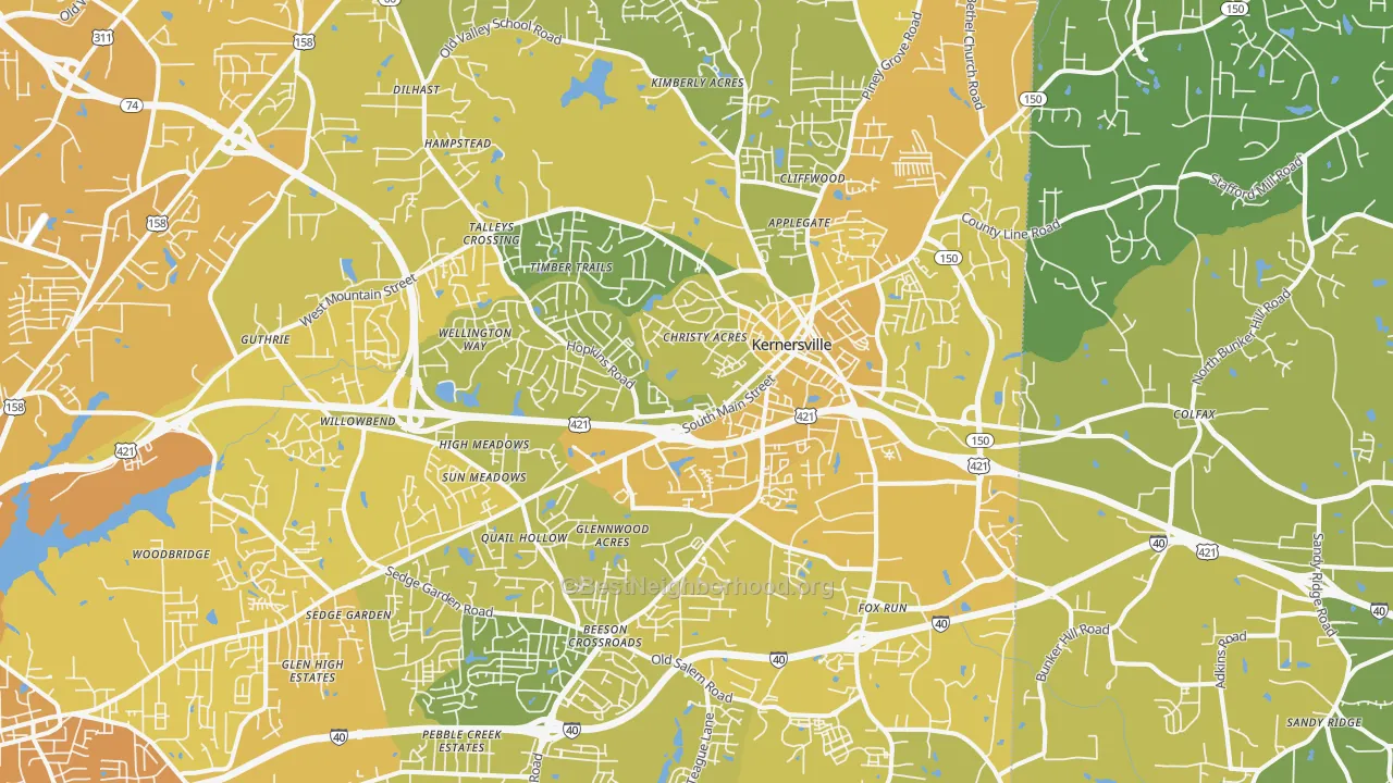 Map of the best neighborhoods in the 27284 area, with better matches in green and worse matches in red