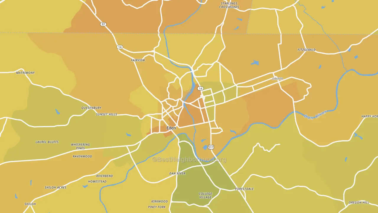 Map of the best neighborhoods in the 27288 area, with better matches in green and worse matches in red