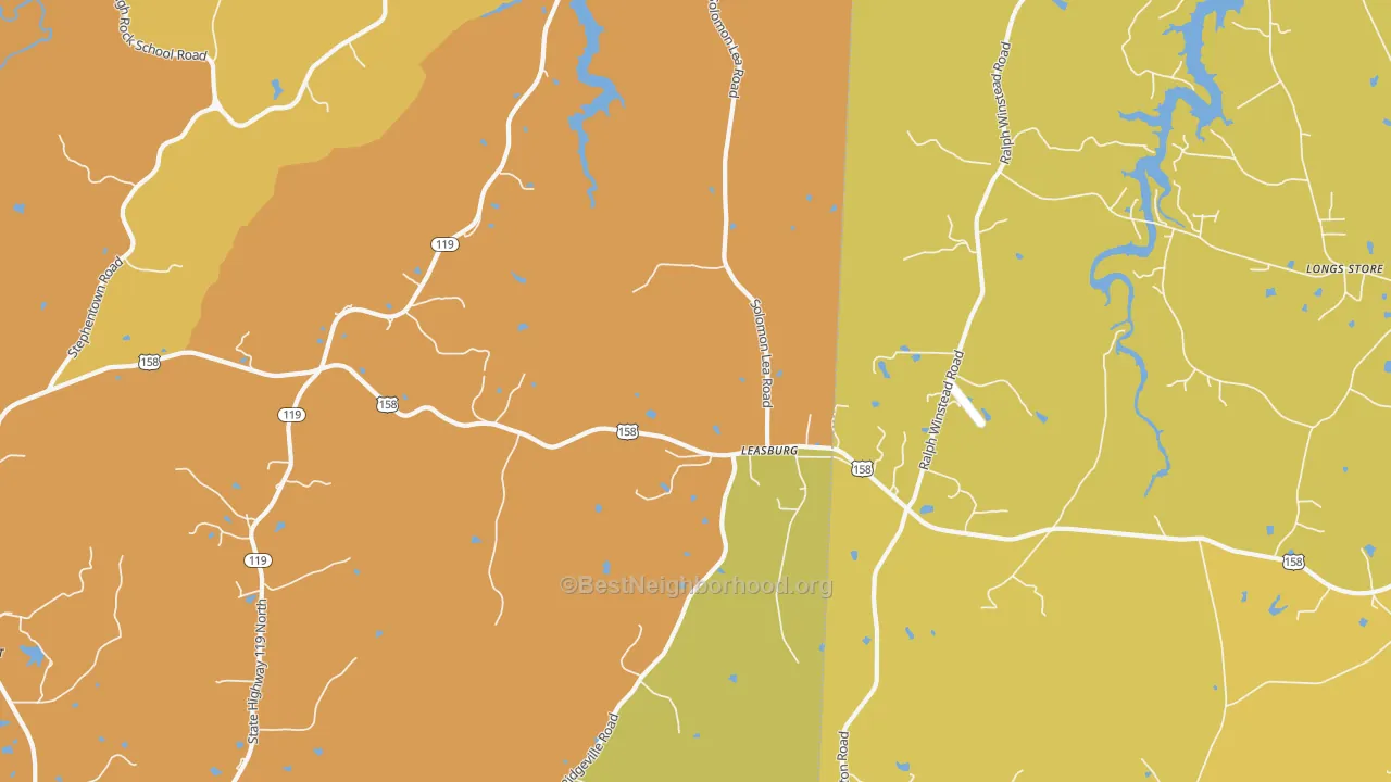 Map of the best neighborhoods in the 27291 area, with better matches in green and worse matches in red