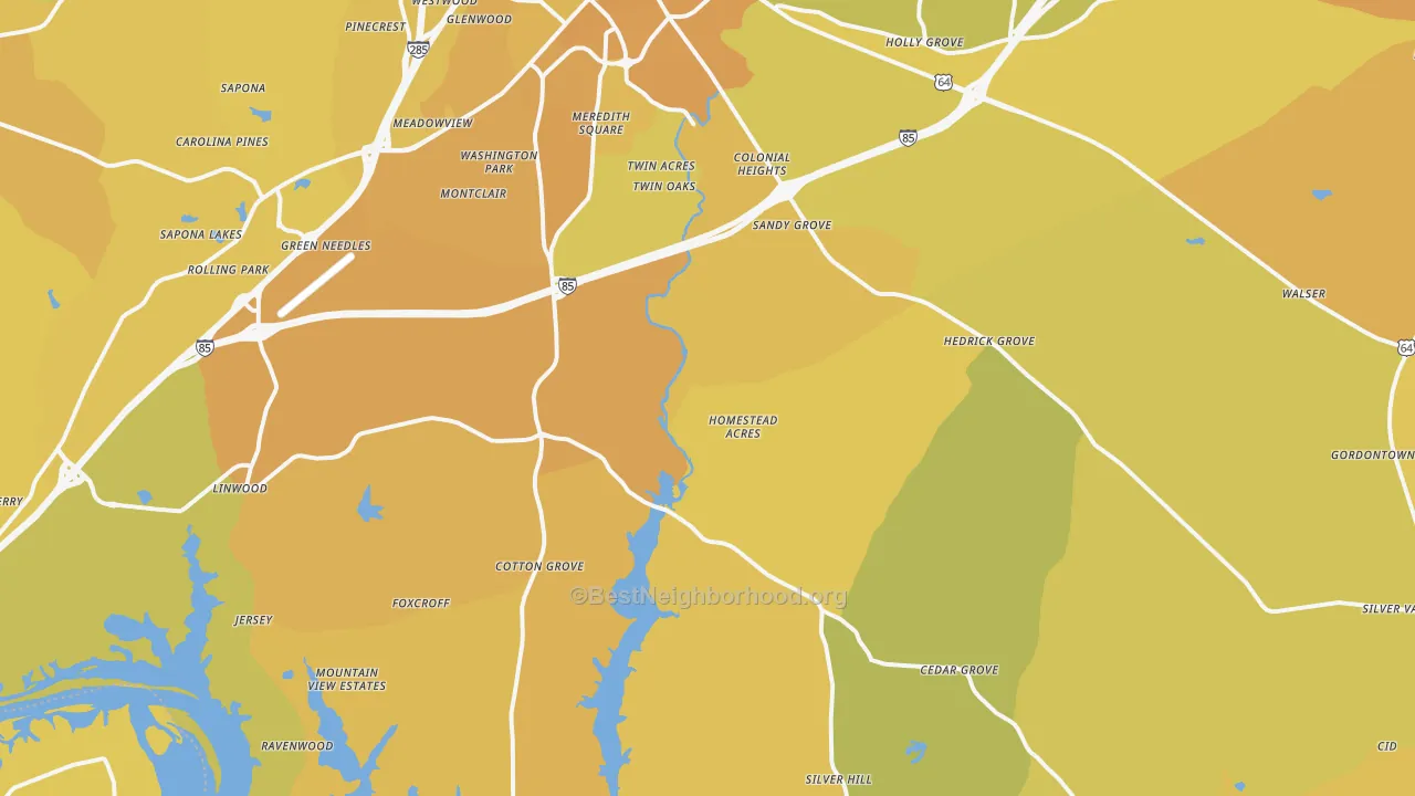 Map of the best neighborhoods in the 27292 area, with better matches in green and worse matches in red