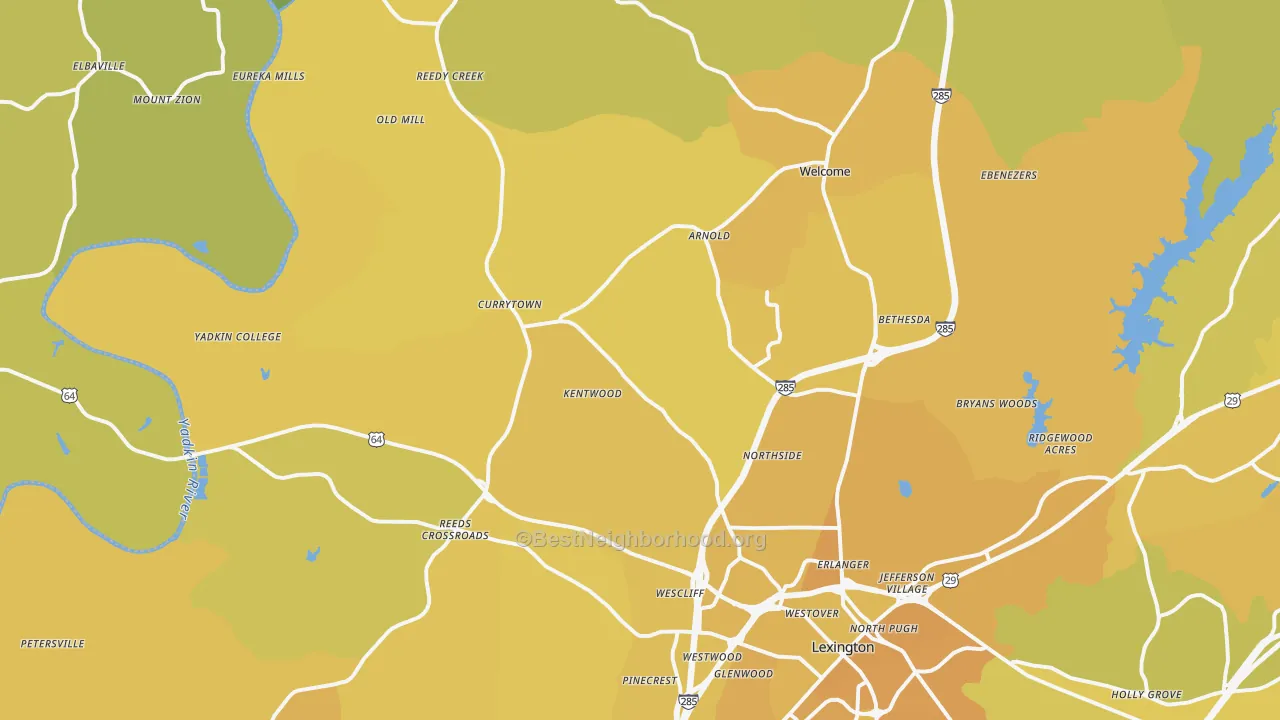 Map of the best neighborhoods in the 27295 area, with better matches in green and worse matches in red