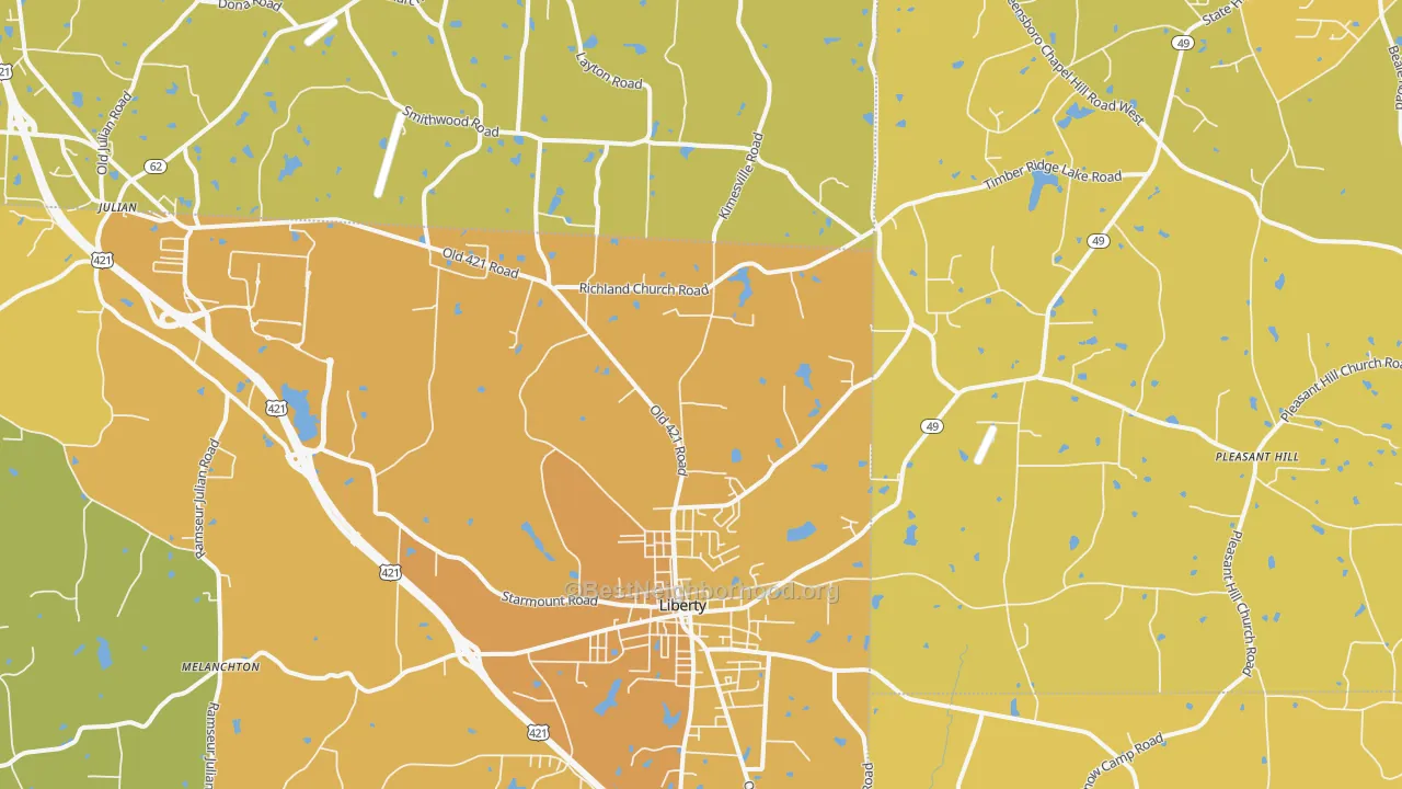 Map of the best neighborhoods in the 27298 area, with better matches in green and worse matches in red