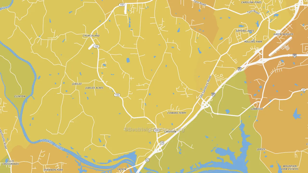 Map of the best neighborhoods in the 27299 area, with better matches in green and worse matches in red