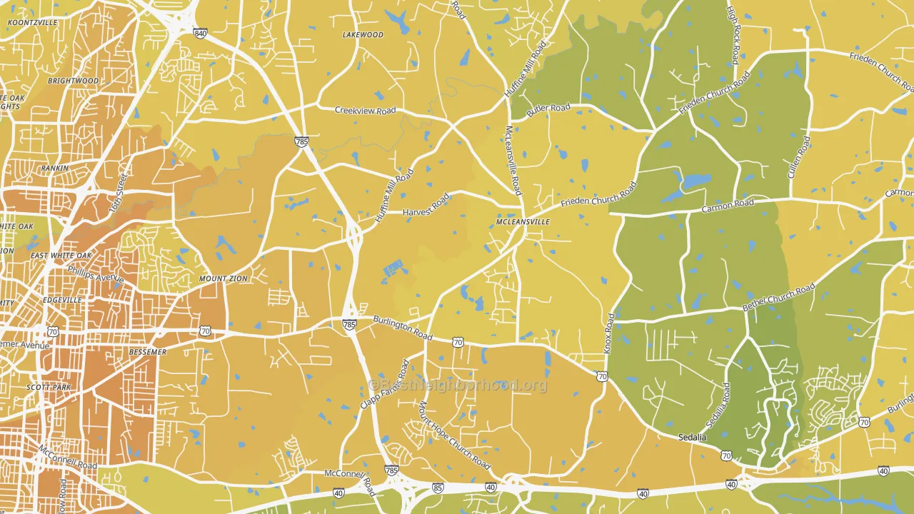 Map of the best neighborhoods in the 27301 area, with better matches in green and worse matches in red