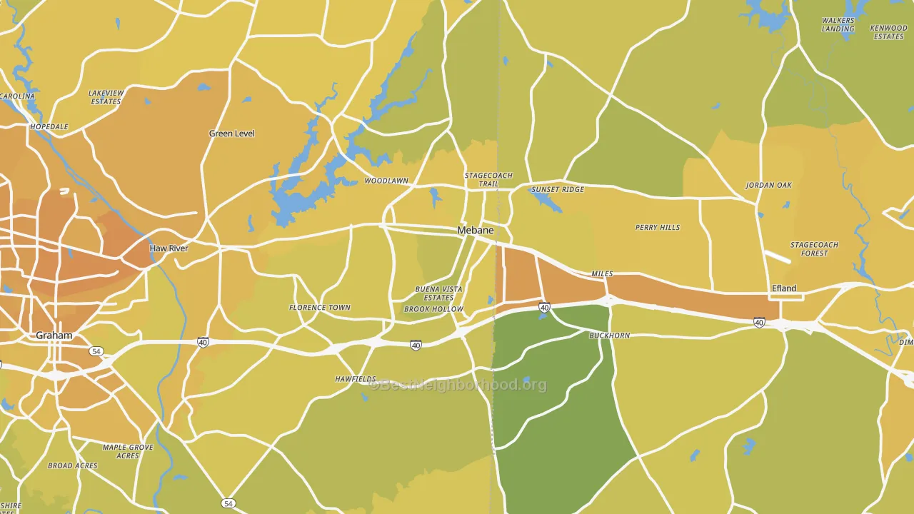 Map of the best neighborhoods in the 27302 area, with better matches in green and worse matches in red
