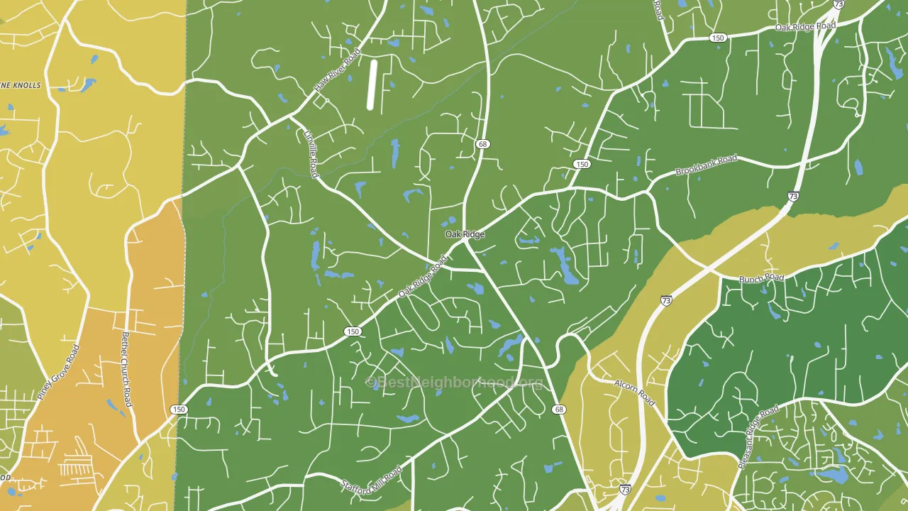 Map of the best neighborhoods in the 27310 area, with better matches in green and worse matches in red