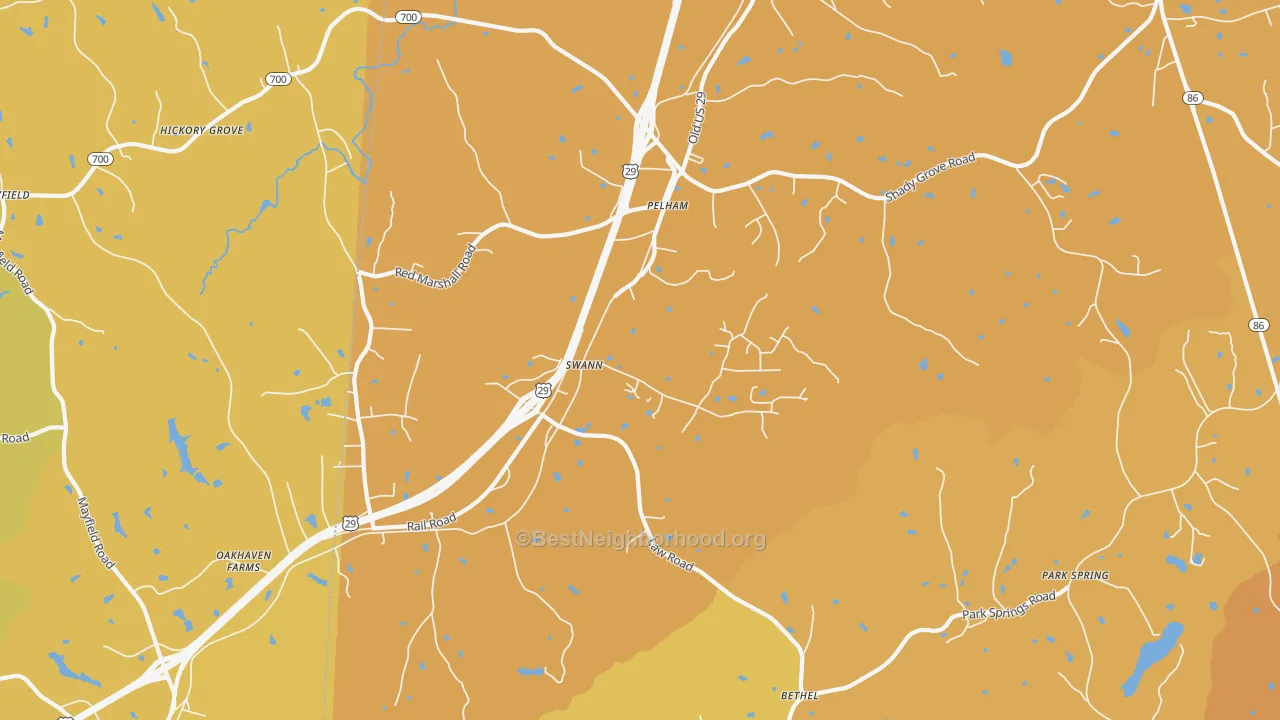 Map of the best neighborhoods in the 27311 area, with better matches in green and worse matches in red