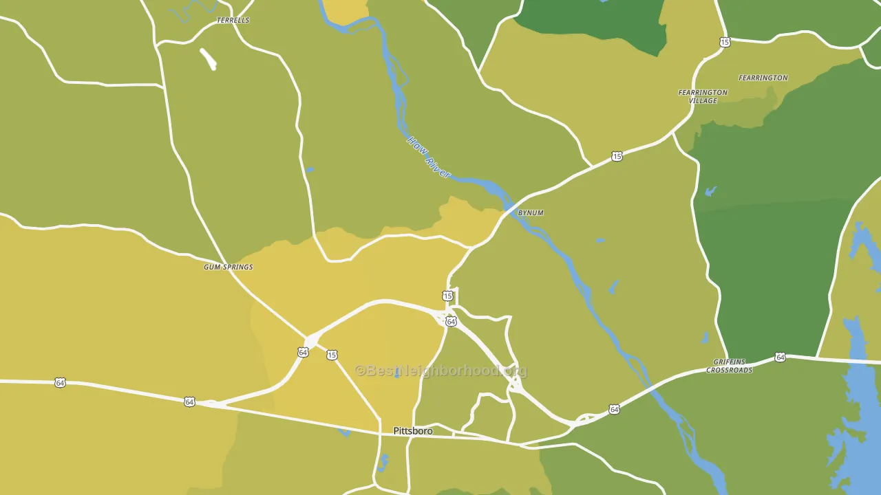 Map of the best neighborhoods in the 27312 area, with better matches in green and worse matches in red