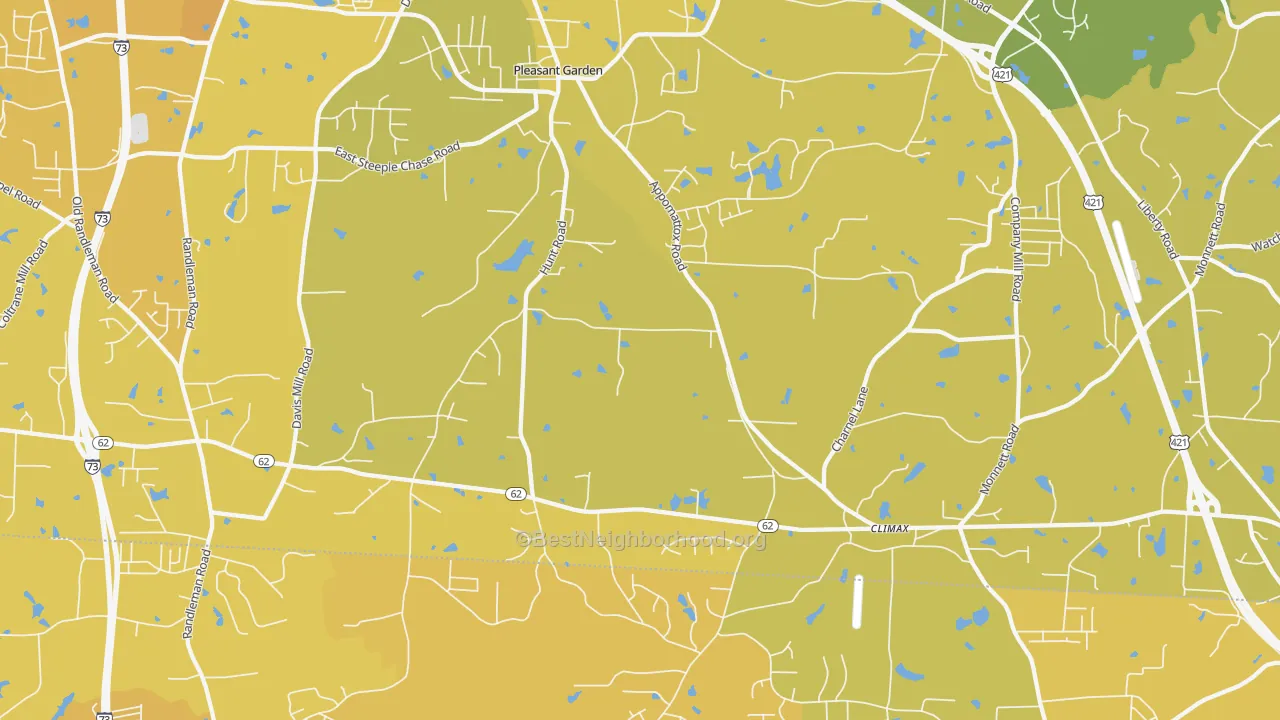 Map of the best neighborhoods in the 27313 area, with better matches in green and worse matches in red