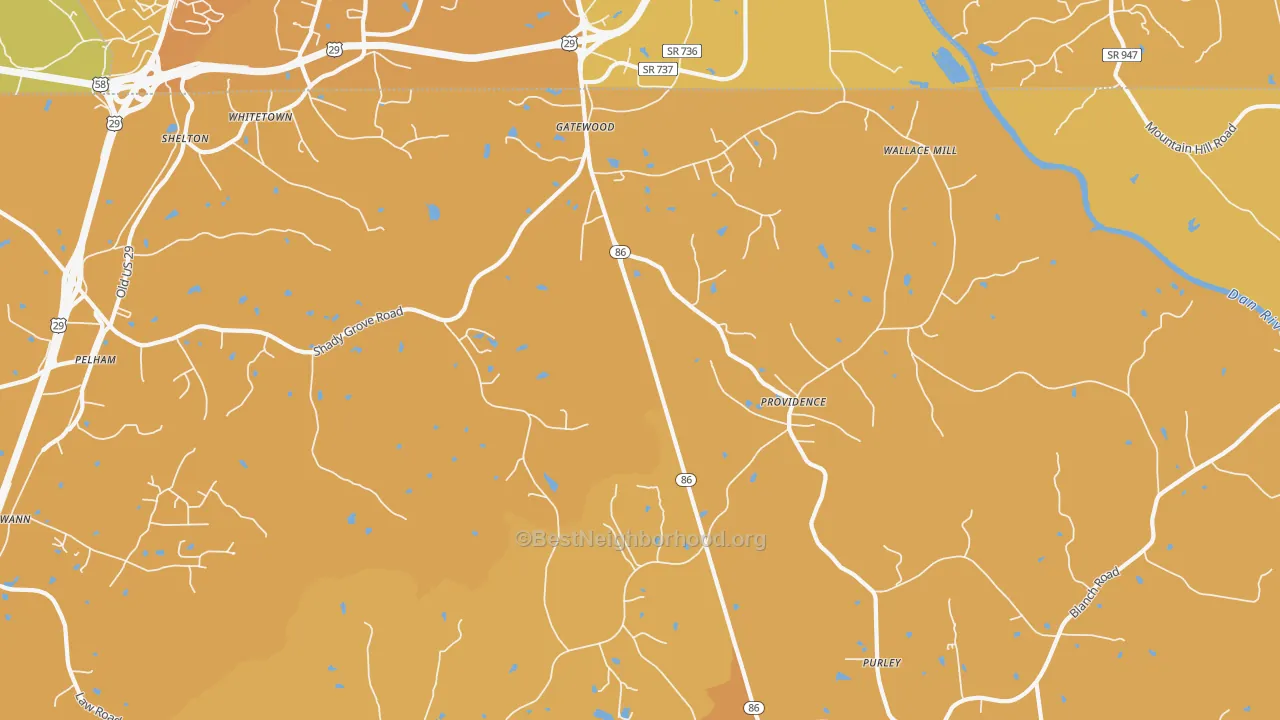 Map of the best neighborhoods in the 27315 area, with better matches in green and worse matches in red
