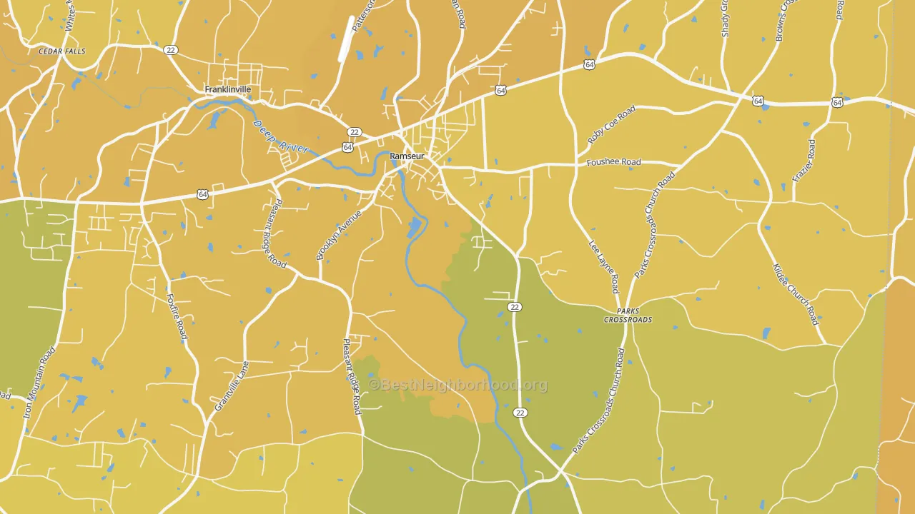 Map of the best neighborhoods in the 27316 area, with better matches in green and worse matches in red
