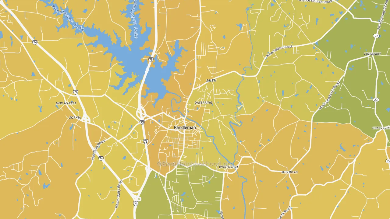 Map of the best neighborhoods in the 27317 area, with better matches in green and worse matches in red