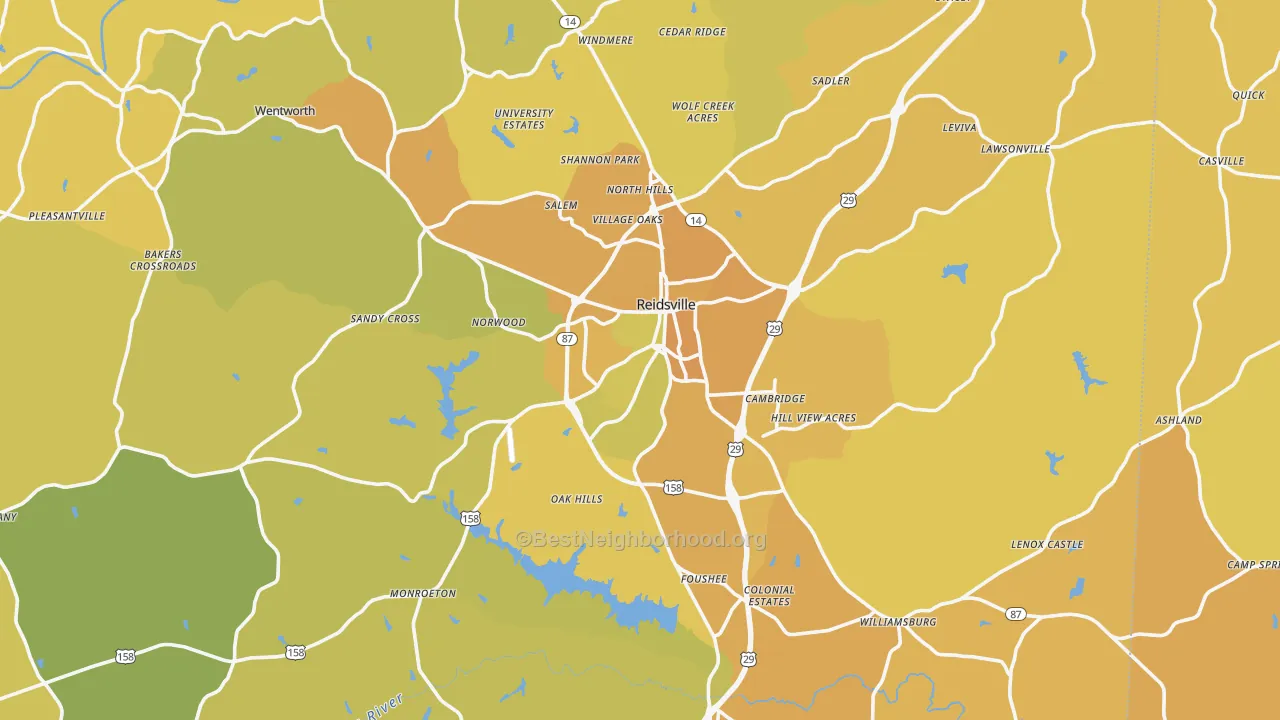 Map of the best neighborhoods in the 27320 area, with better matches in green and worse matches in red