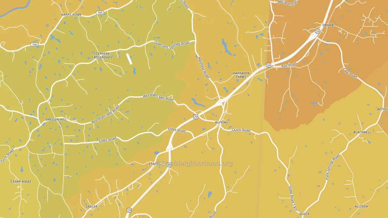 Map of the best neighborhoods in the 27326 area, with better matches in green and worse matches in red