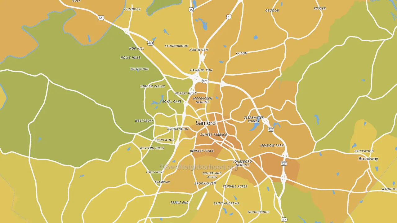 Map of the best neighborhoods in the 27330 area, with better matches in green and worse matches in red