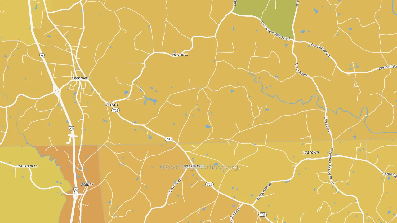 Map of the best neighborhoods in the 27341 area, with better matches in green and worse matches in red