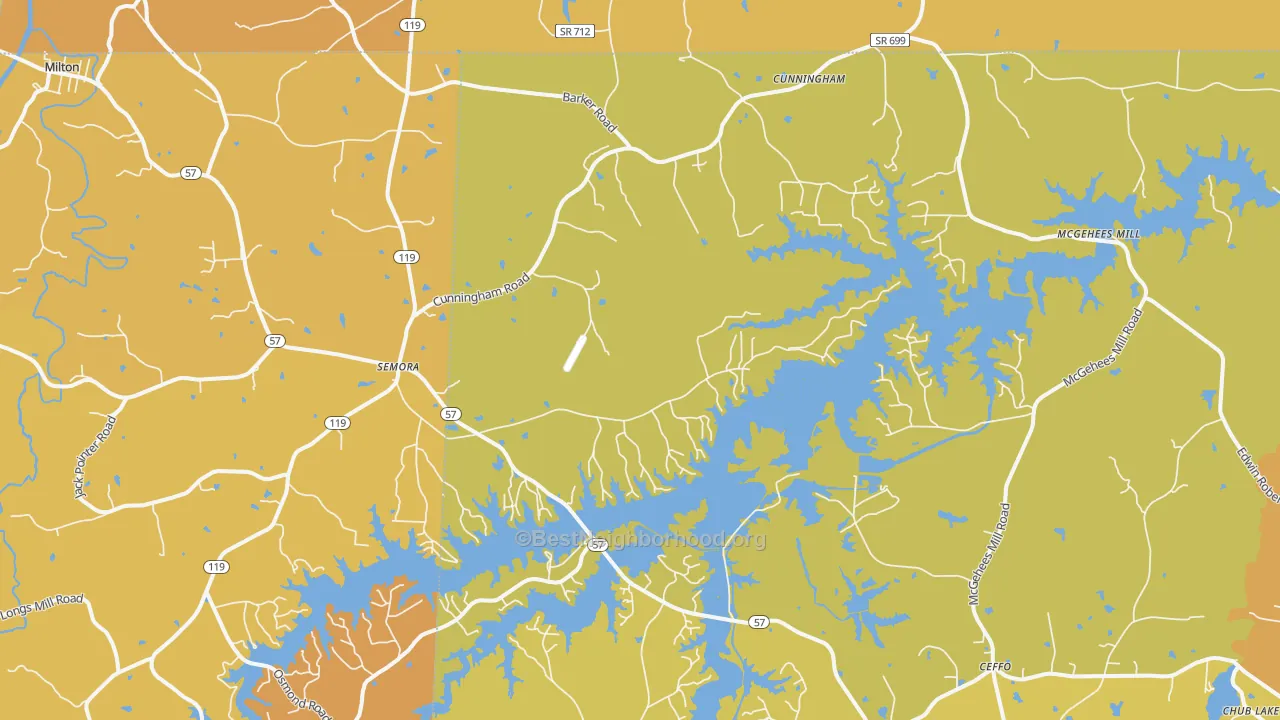 Map of the best neighborhoods in the 27343 area, with better matches in green and worse matches in red