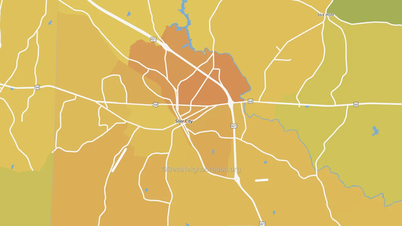 Map of the best neighborhoods in the 27344 area, with better matches in green and worse matches in red