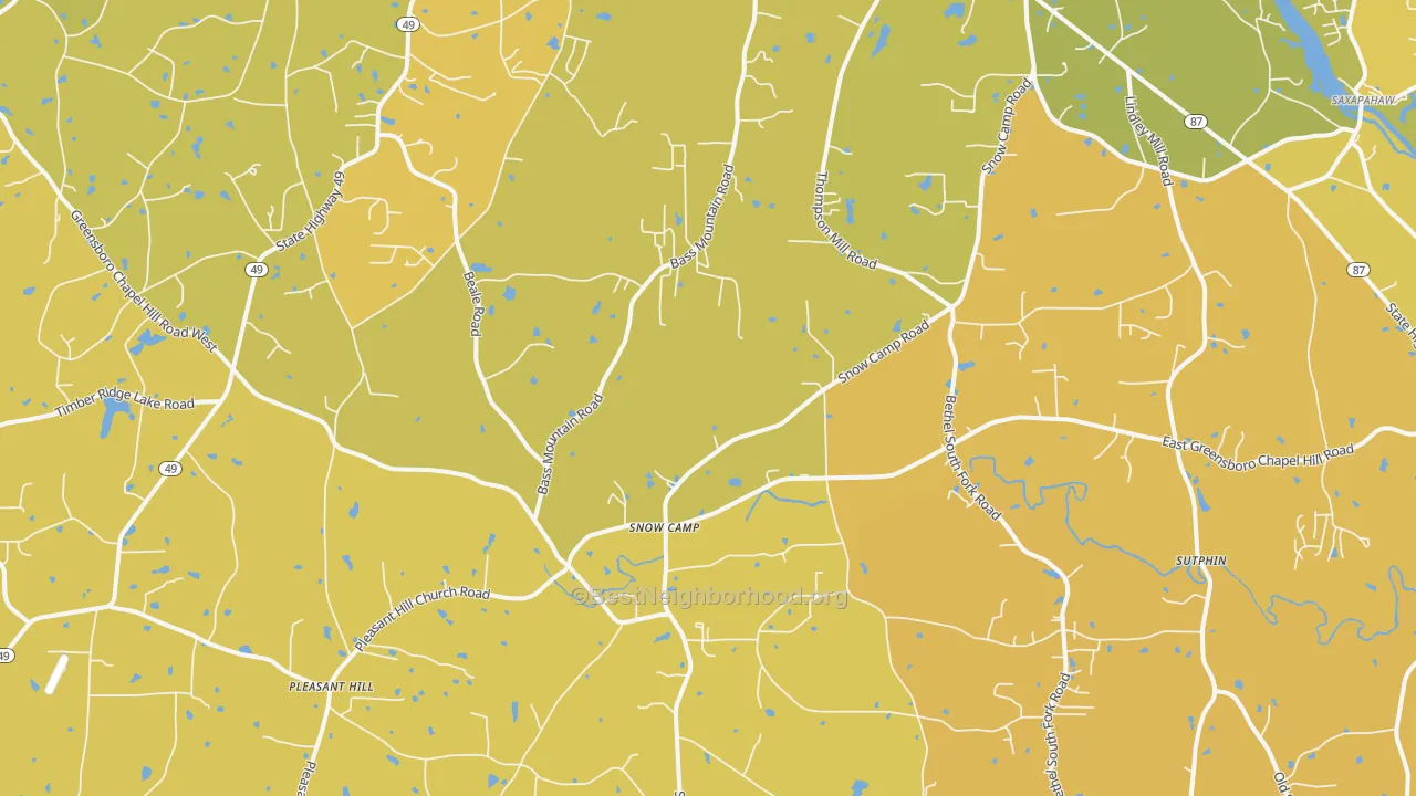 Map of the best neighborhoods in the 27349 area, with better matches in green and worse matches in red