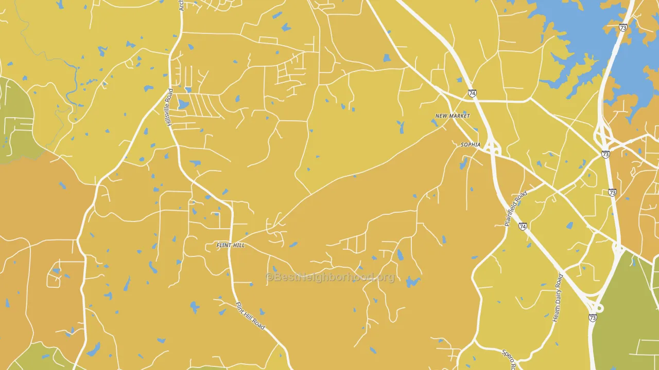 Map of the best neighborhoods in the 27350 area, with better matches in green and worse matches in red