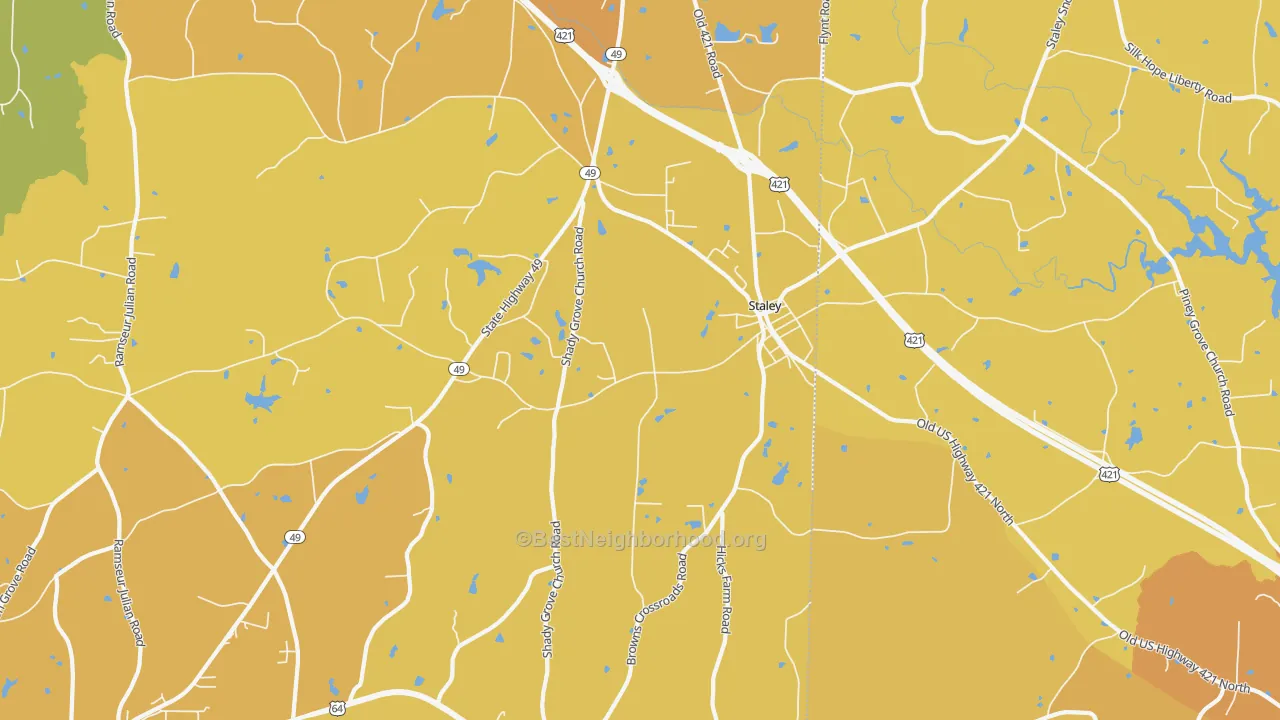 Map of the best neighborhoods in the 27355 area, with better matches in green and worse matches in red