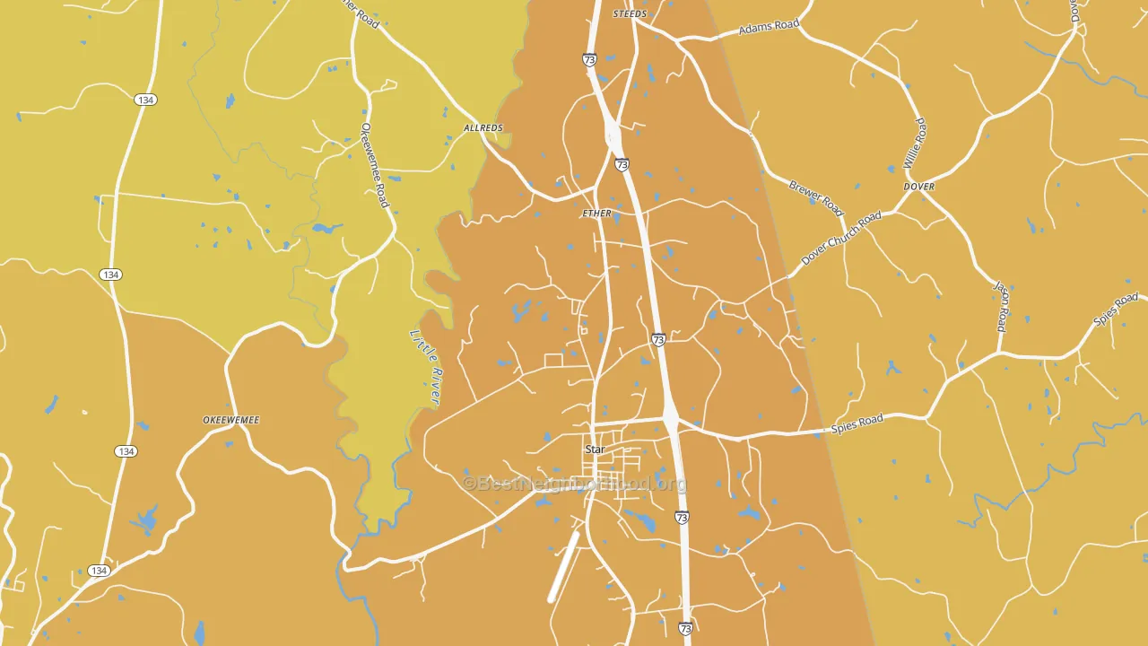 Map of the best neighborhoods in the 27356 area, with better matches in green and worse matches in red