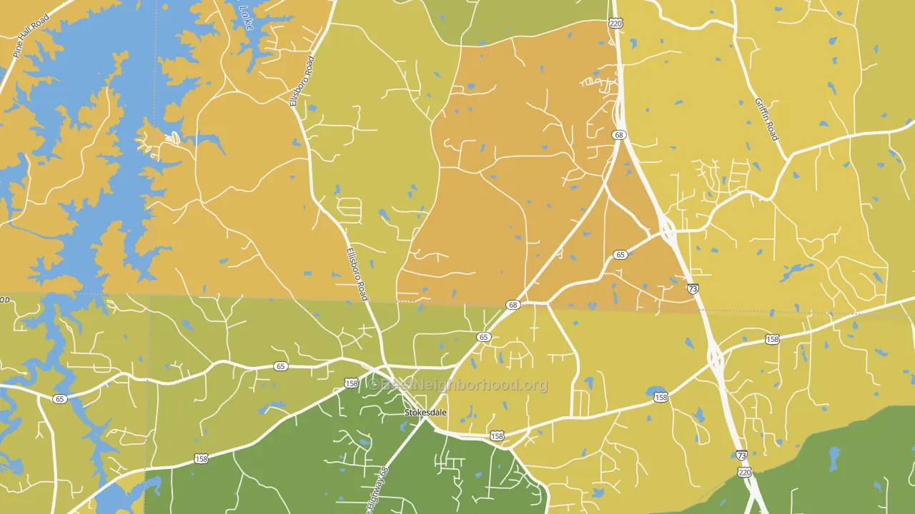 Map of the best neighborhoods in the 27357 area, with better matches in green and worse matches in red
