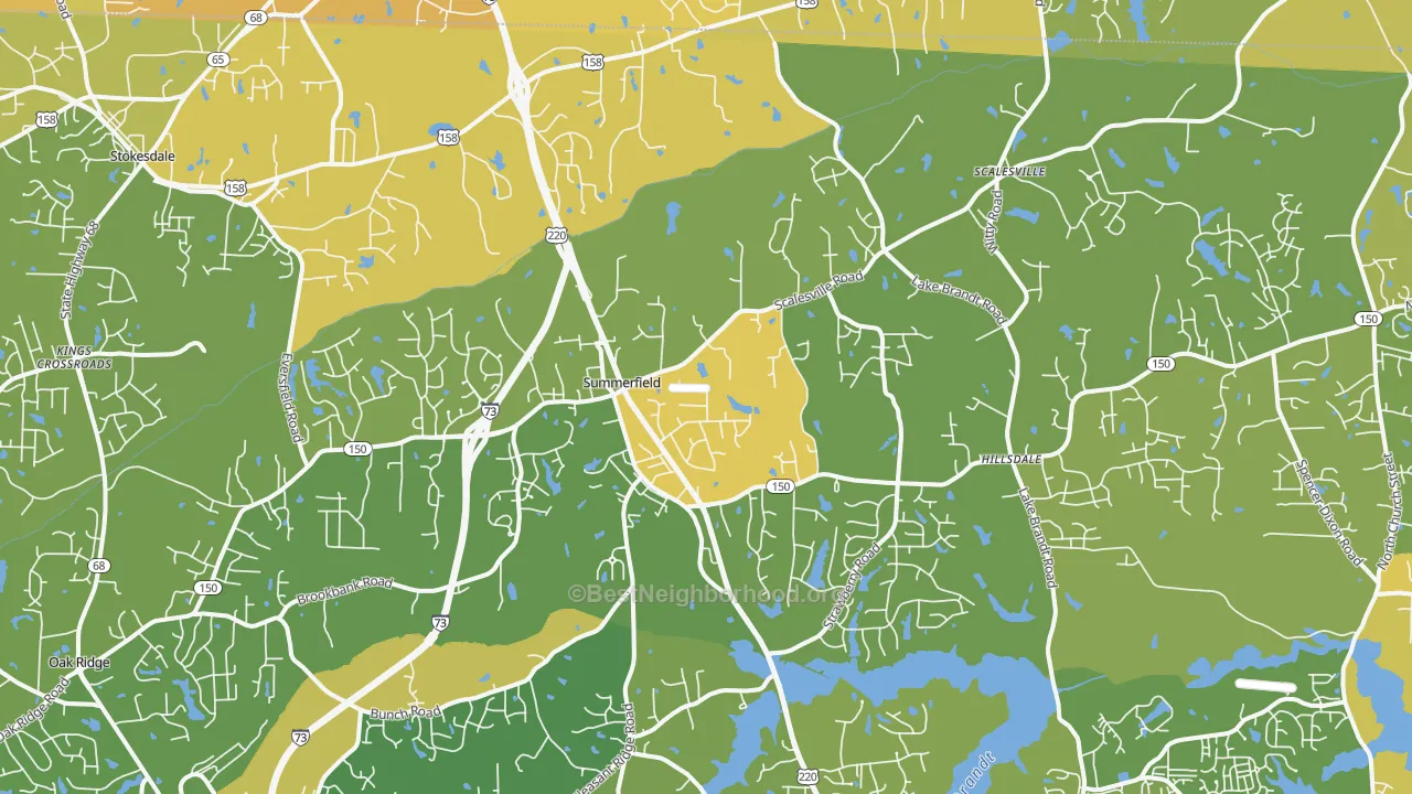 Map of the best neighborhoods in the 27358 area, with better matches in green and worse matches in red