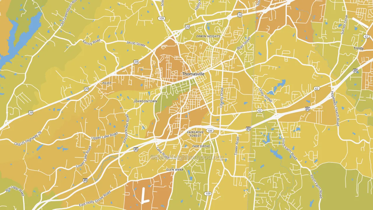 Map of the best neighborhoods in the 27360 area, with better matches in green and worse matches in red