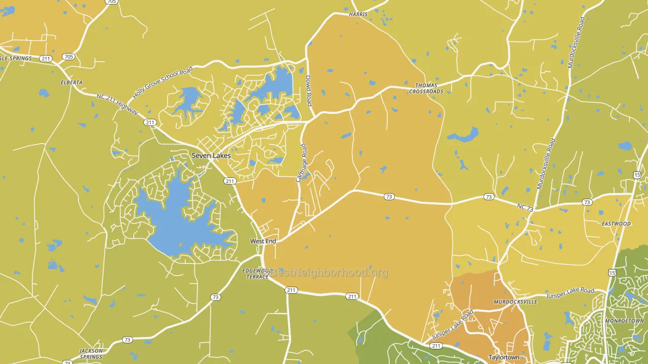 Map of the best neighborhoods in the 27376 area, with better matches in green and worse matches in red