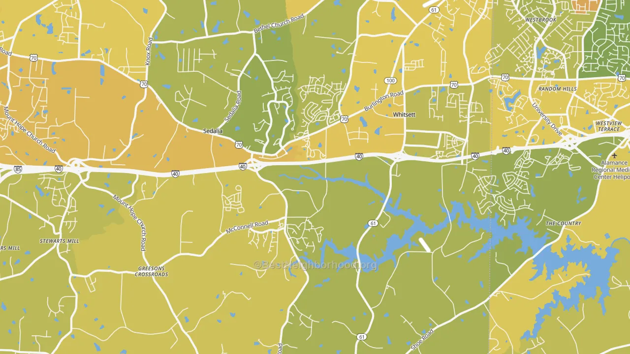 Map of the best neighborhoods in the 27377 area, with better matches in green and worse matches in red