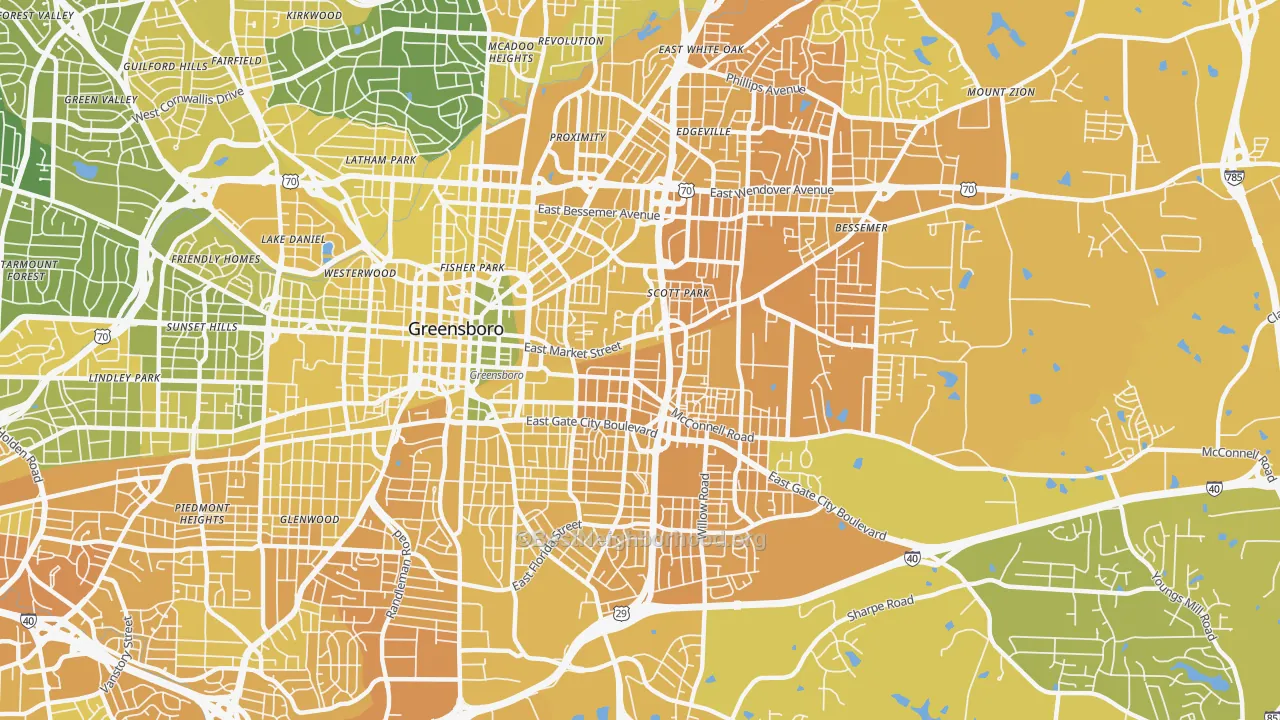 Map of the best neighborhoods in the 27401 area, with better matches in green and worse matches in red
