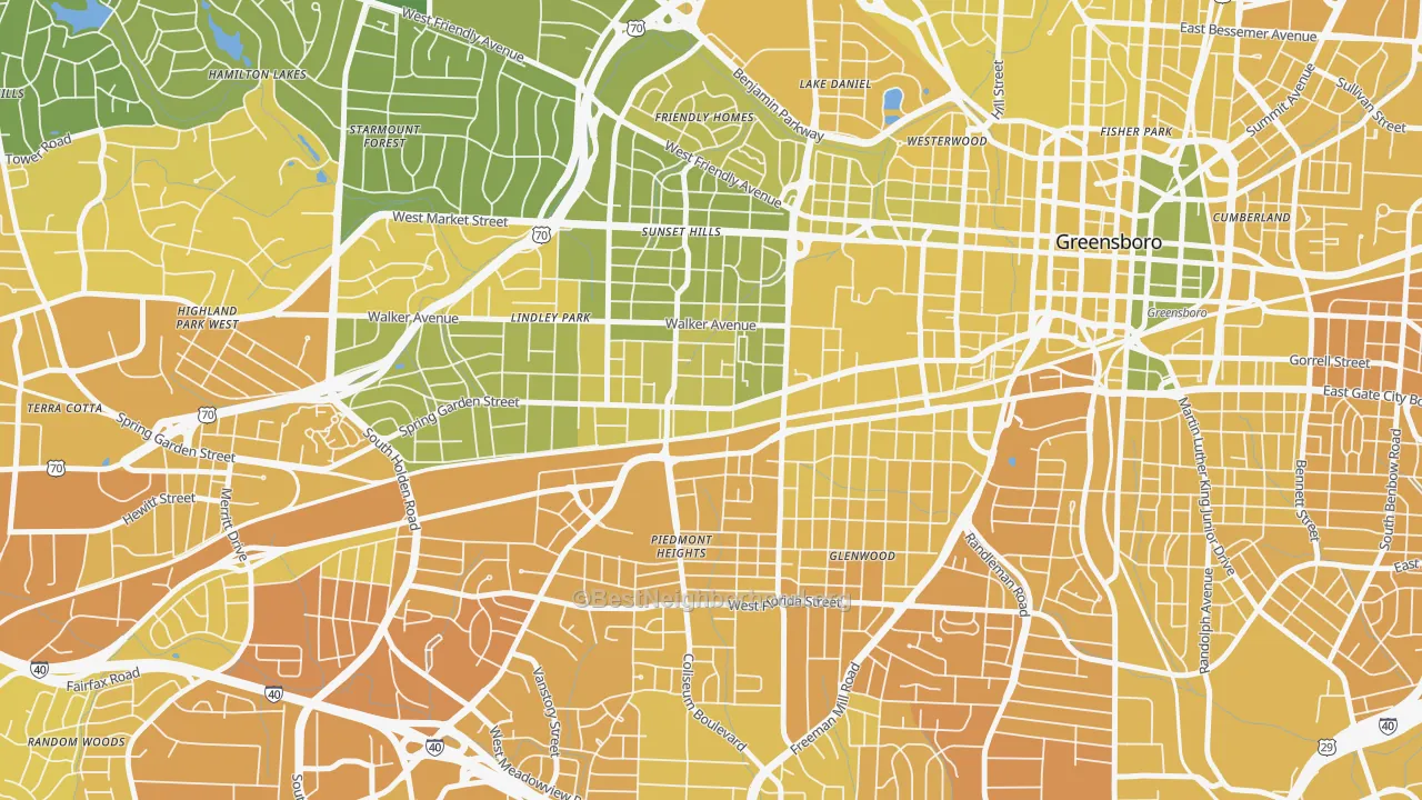 Map of the best neighborhoods in the 27403 area, with better matches in green and worse matches in red