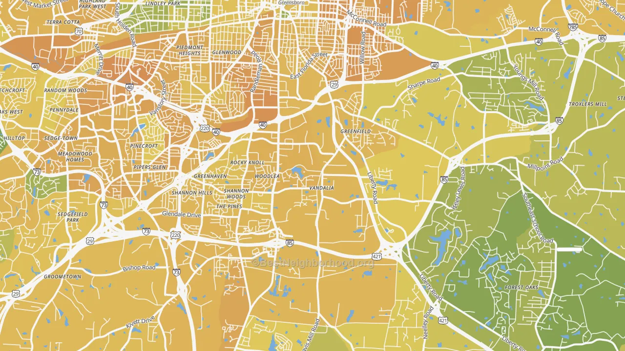 Map of the best neighborhoods in the 27406 area, with better matches in green and worse matches in red