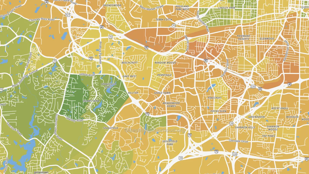 Map of the best neighborhoods in the 27407 area, with better matches in green and worse matches in red