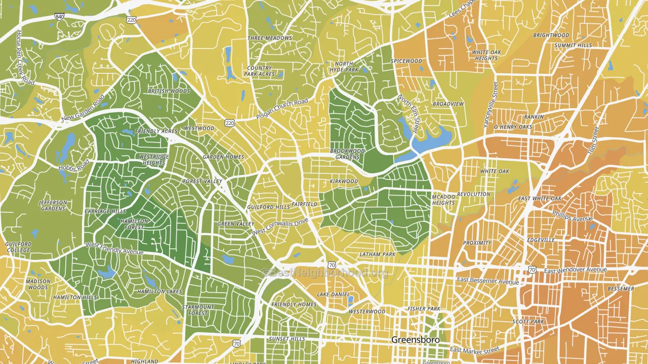 Map of the best neighborhoods in the 27408 area, with better matches in green and worse matches in red