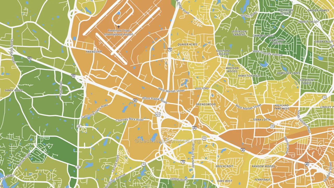 Map of the best neighborhoods in the 27409 area, with better matches in green and worse matches in red