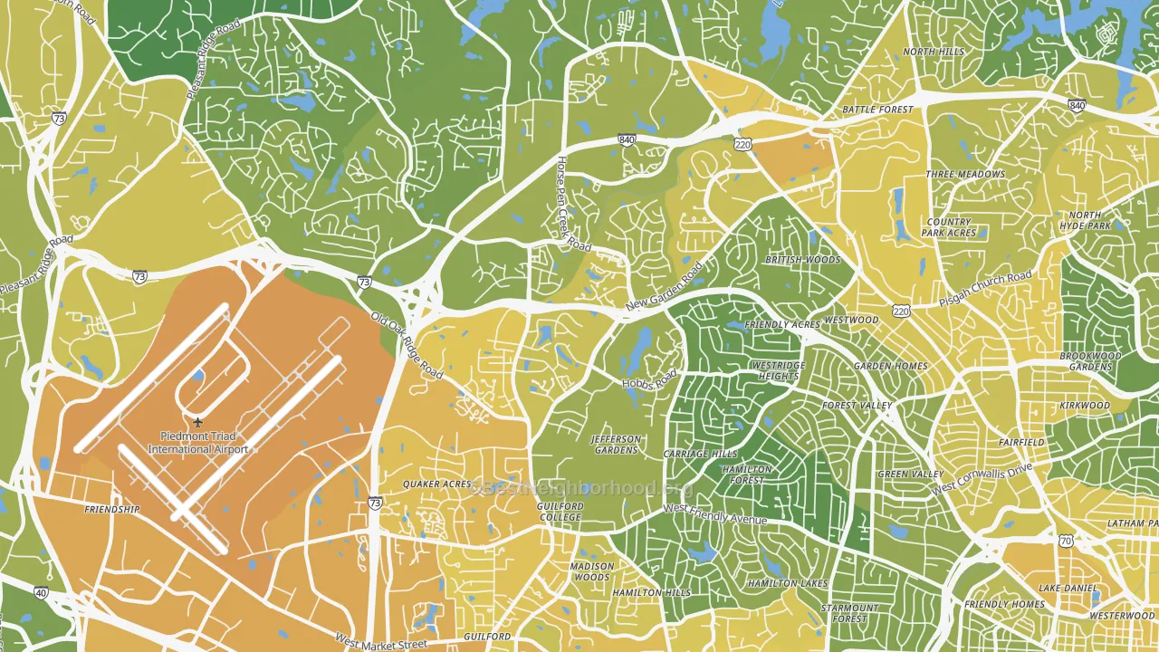 Map of the best neighborhoods in the 27410 area, with better matches in green and worse matches in red