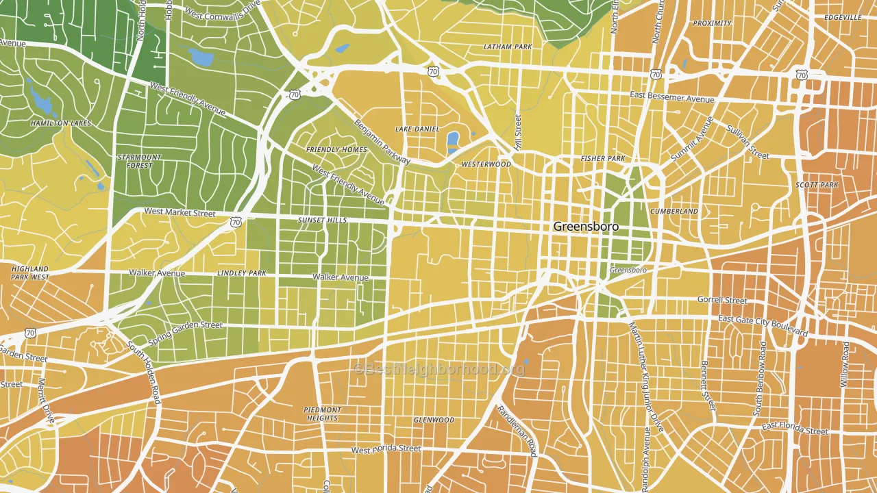 Map of the best neighborhoods in the 27412 area, with better matches in green and worse matches in red