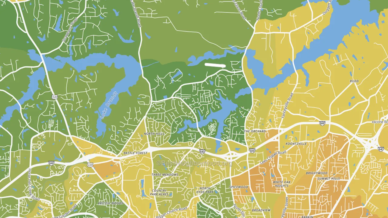 Map of the best neighborhoods in the 27455 area, with better matches in green and worse matches in red